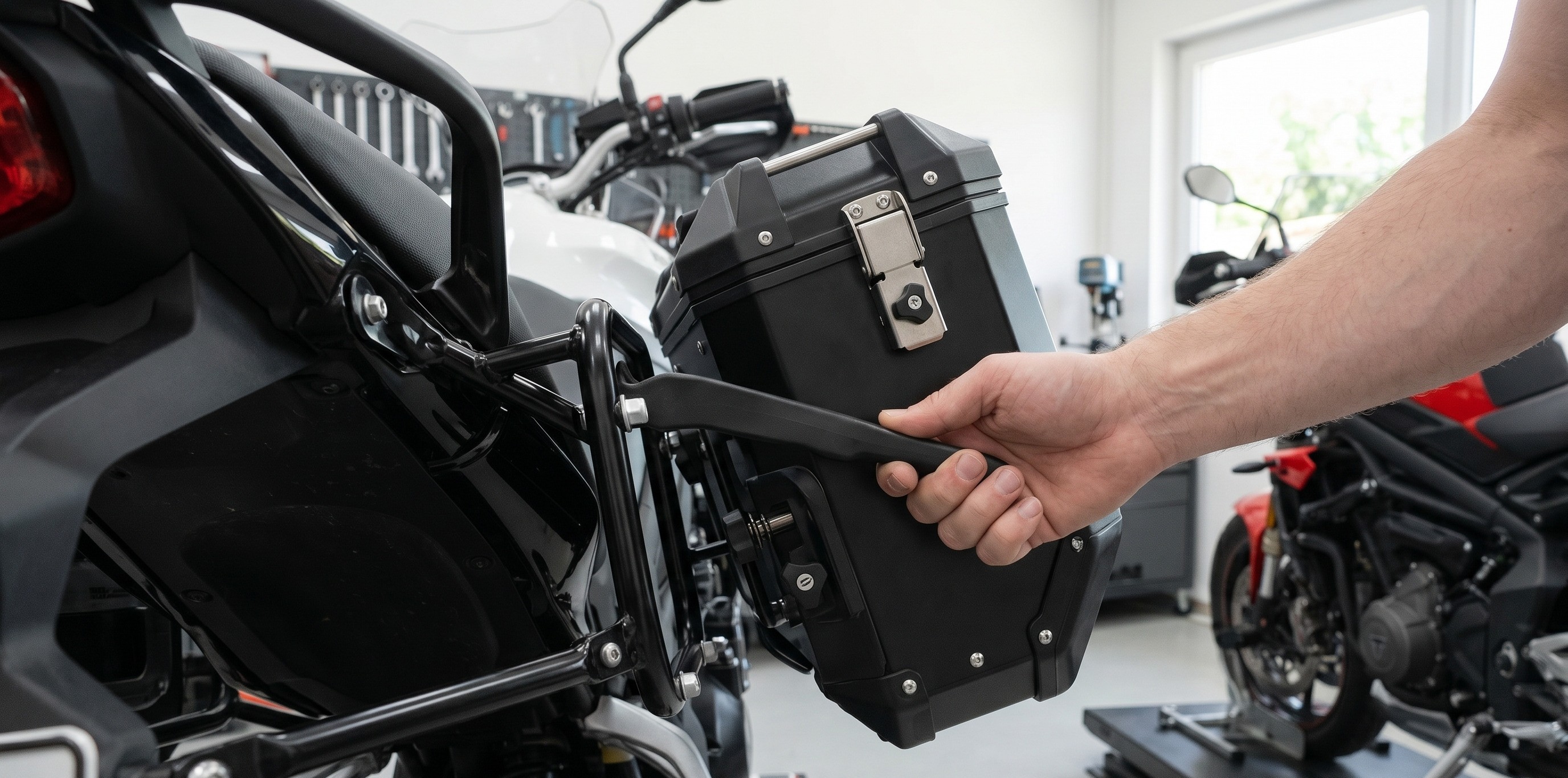 détail du système Quick-Lock EVO SW-Motech en cours de déverrouillage